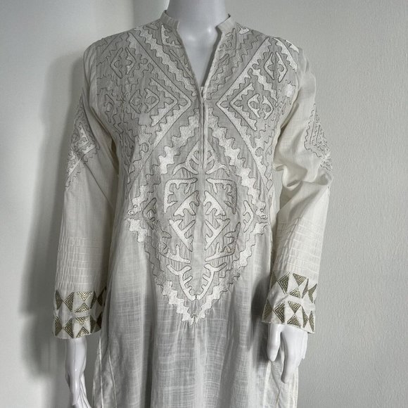 Khaadi Womens Kameez Top Size 8 White Geometric Gold Thread Embroidered Pakistan - Picture 4 of 13